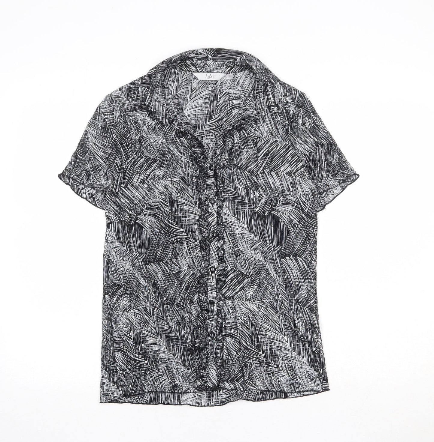 EWM Womens Black Geometric Polyester Basic Button-Up Size 10 Collared