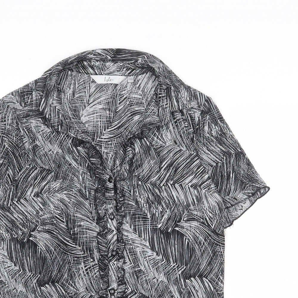 EWM Womens Black Geometric Polyester Basic Button-Up Size 10 Collared