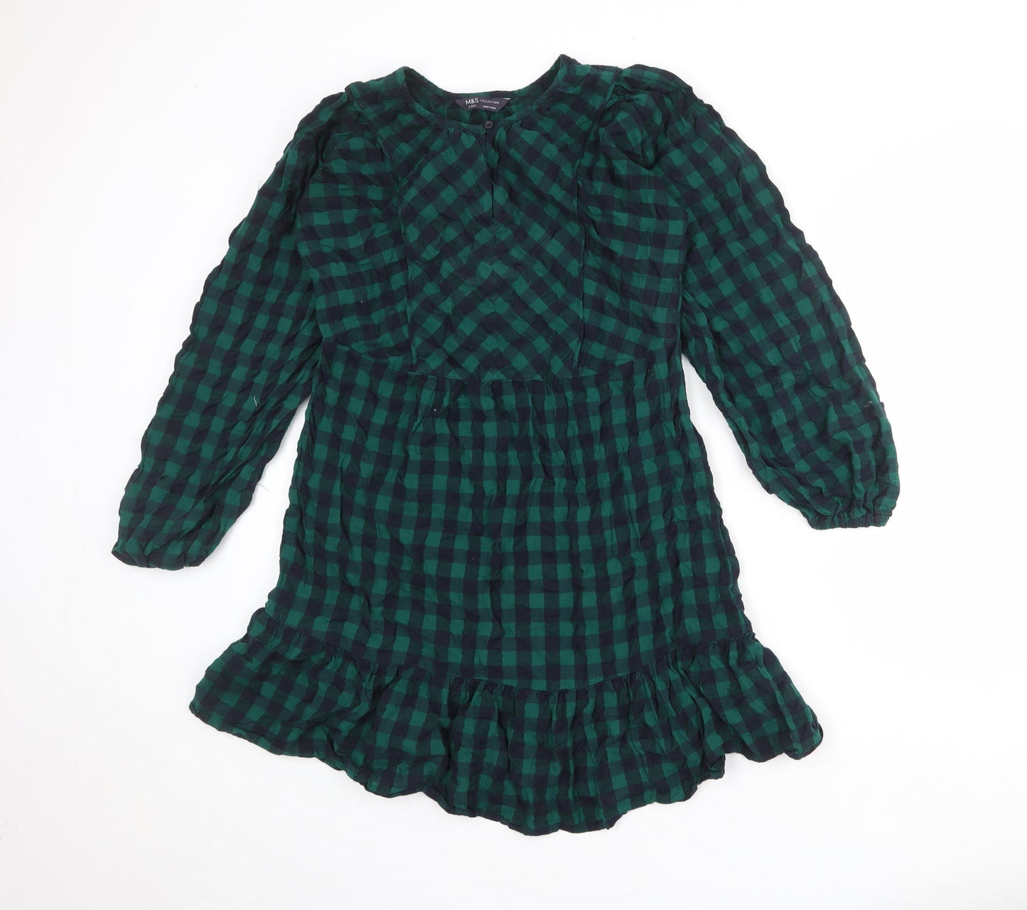 Marks and Spencer Womens Green Check 100% Cotton A-Line Size 8 Round Neck Button