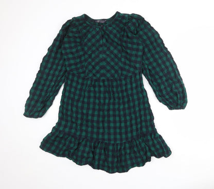 Marks and Spencer Womens Green Check 100% Cotton A-Line Size 8 Round Neck Button
