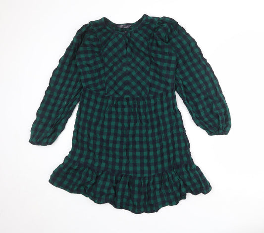 Marks and Spencer Womens Green Check 100% Cotton A-Line Size 8 Round Neck Button