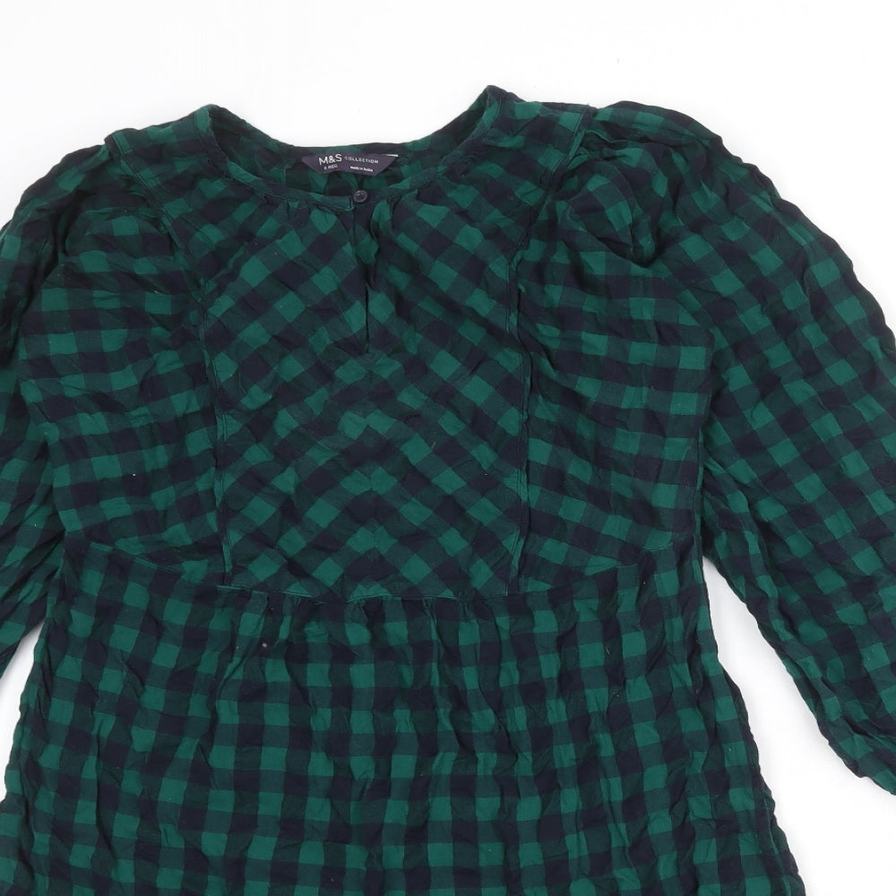 Marks and Spencer Womens Green Check 100% Cotton A-Line Size 8 Round Neck Button