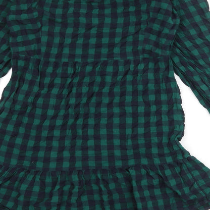 Marks and Spencer Womens Green Check 100% Cotton A-Line Size 8 Round Neck Button