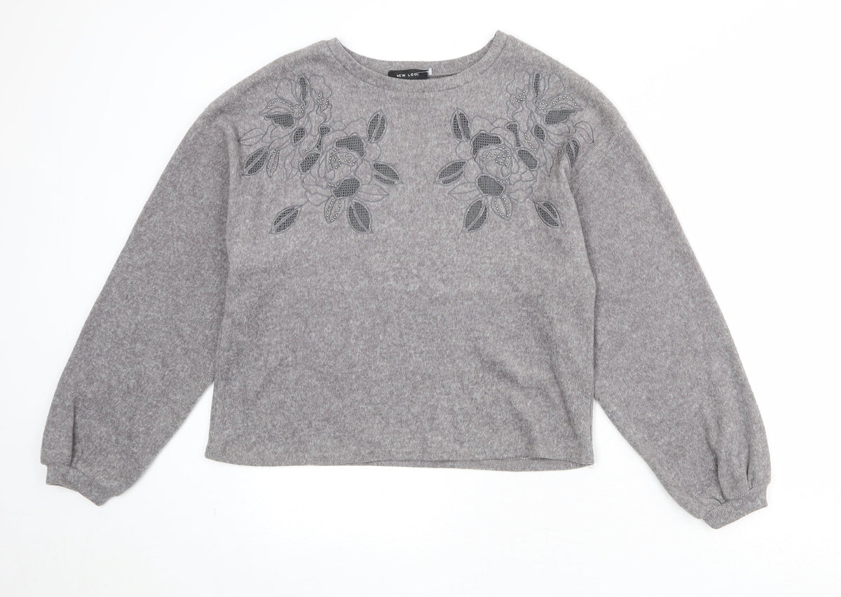 New Look Womens Grey Polyester Pullover Sweatshirt Size S Pullover - Flower Detail