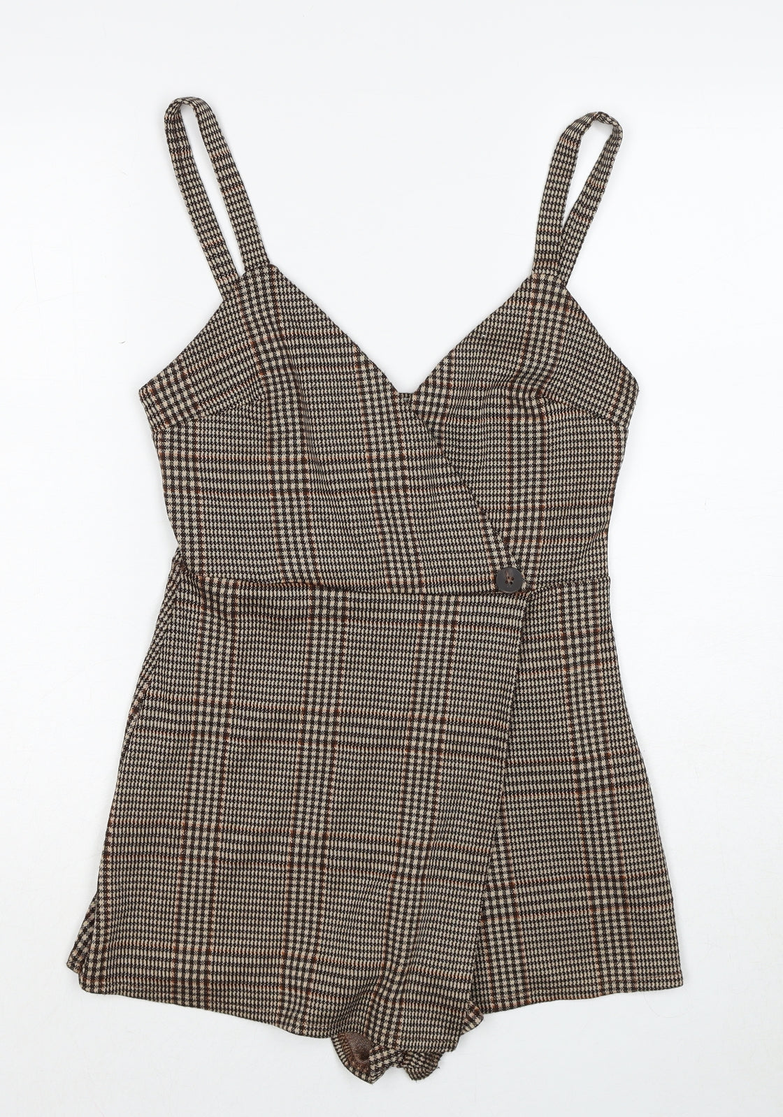 Pull&Bear Womens Brown Plaid Polyester Playsuit One-Piece Size S Zip - Wrap Front Detail