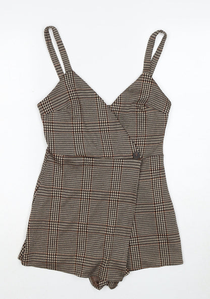 Pull&Bear Womens Brown Plaid Polyester Playsuit One-Piece Size S Zip - Wrap Front Detail