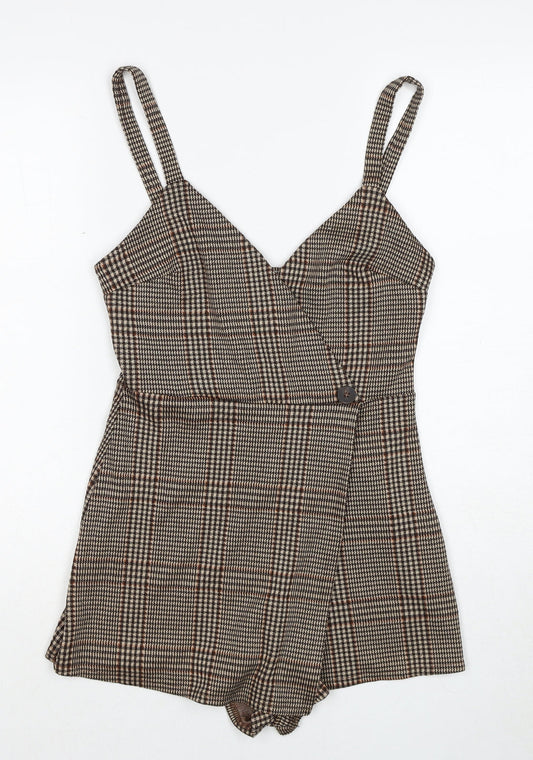 Pull&Bear Womens Brown Plaid Polyester Playsuit One-Piece Size S Zip - Wrap Front Detail