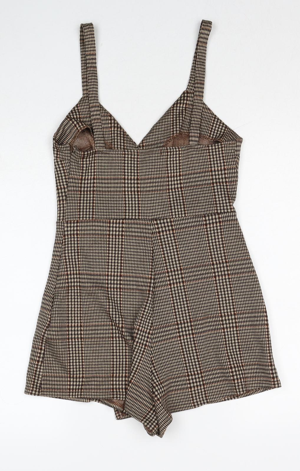 Pull&Bear Womens Brown Plaid Polyester Playsuit One-Piece Size S Zip - Wrap Front Detail