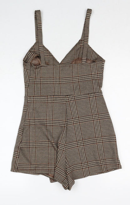 Pull&Bear Womens Brown Plaid Polyester Playsuit One-Piece Size S Zip - Wrap Front Detail