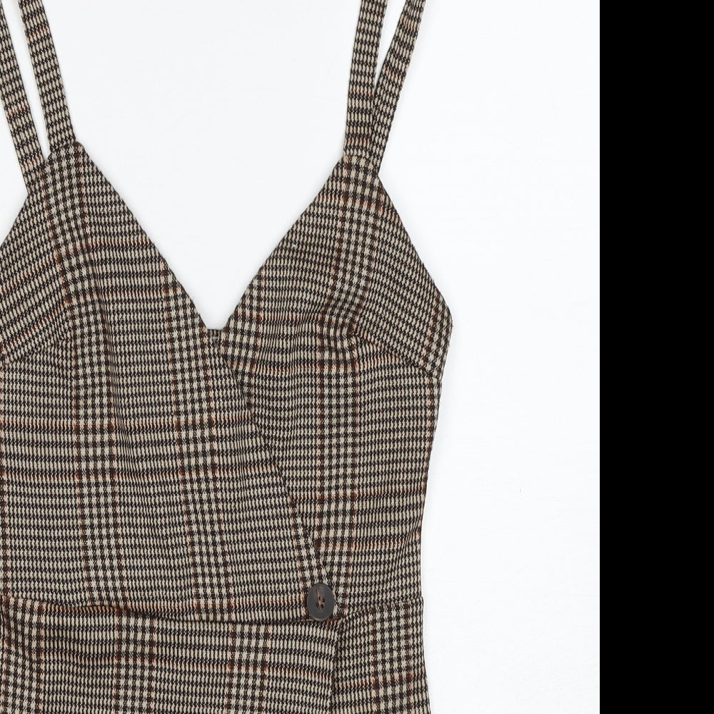 Pull&Bear Womens Brown Plaid Polyester Playsuit One-Piece Size S Zip - Wrap Front Detail