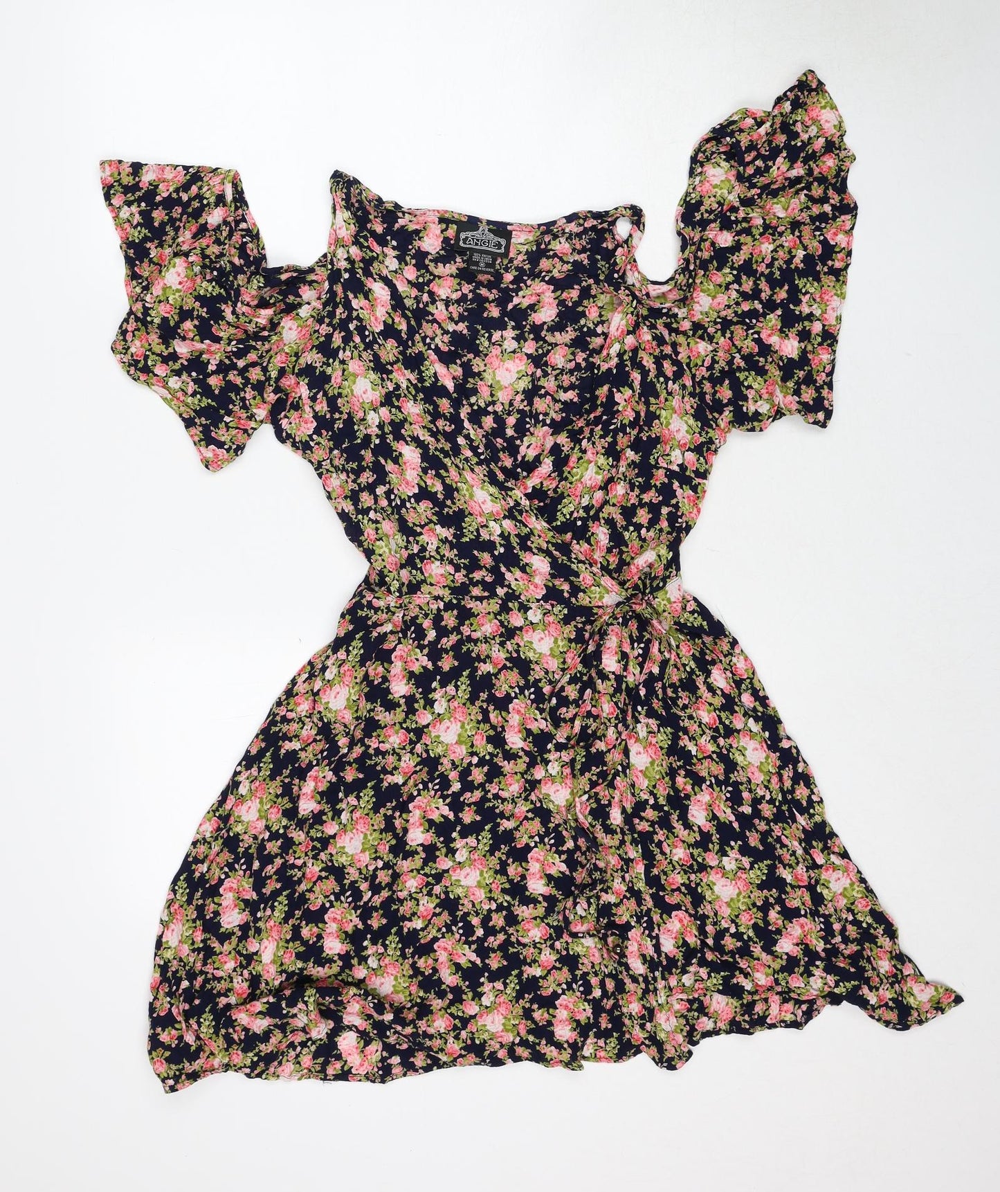 Angie Womens Multicoloured Floral Viscose A-Line Size M V-Neck Button