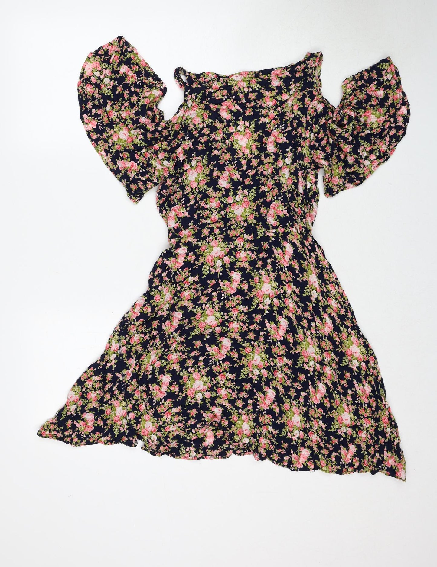 Angie Womens Multicoloured Floral Viscose A-Line Size M V-Neck Button