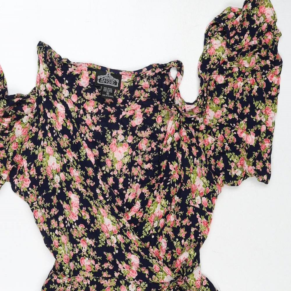 Angie Womens Multicoloured Floral Viscose A-Line Size M V-Neck Button
