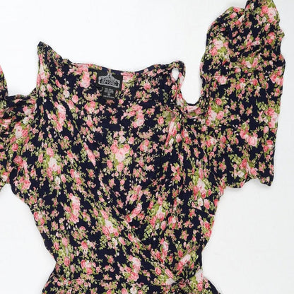 Angie Womens Multicoloured Floral Viscose A-Line Size M V-Neck Button