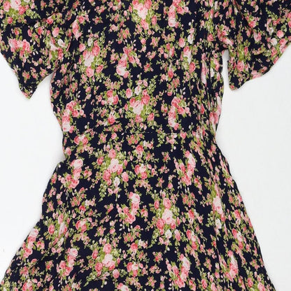 Angie Womens Multicoloured Floral Viscose A-Line Size M V-Neck Button