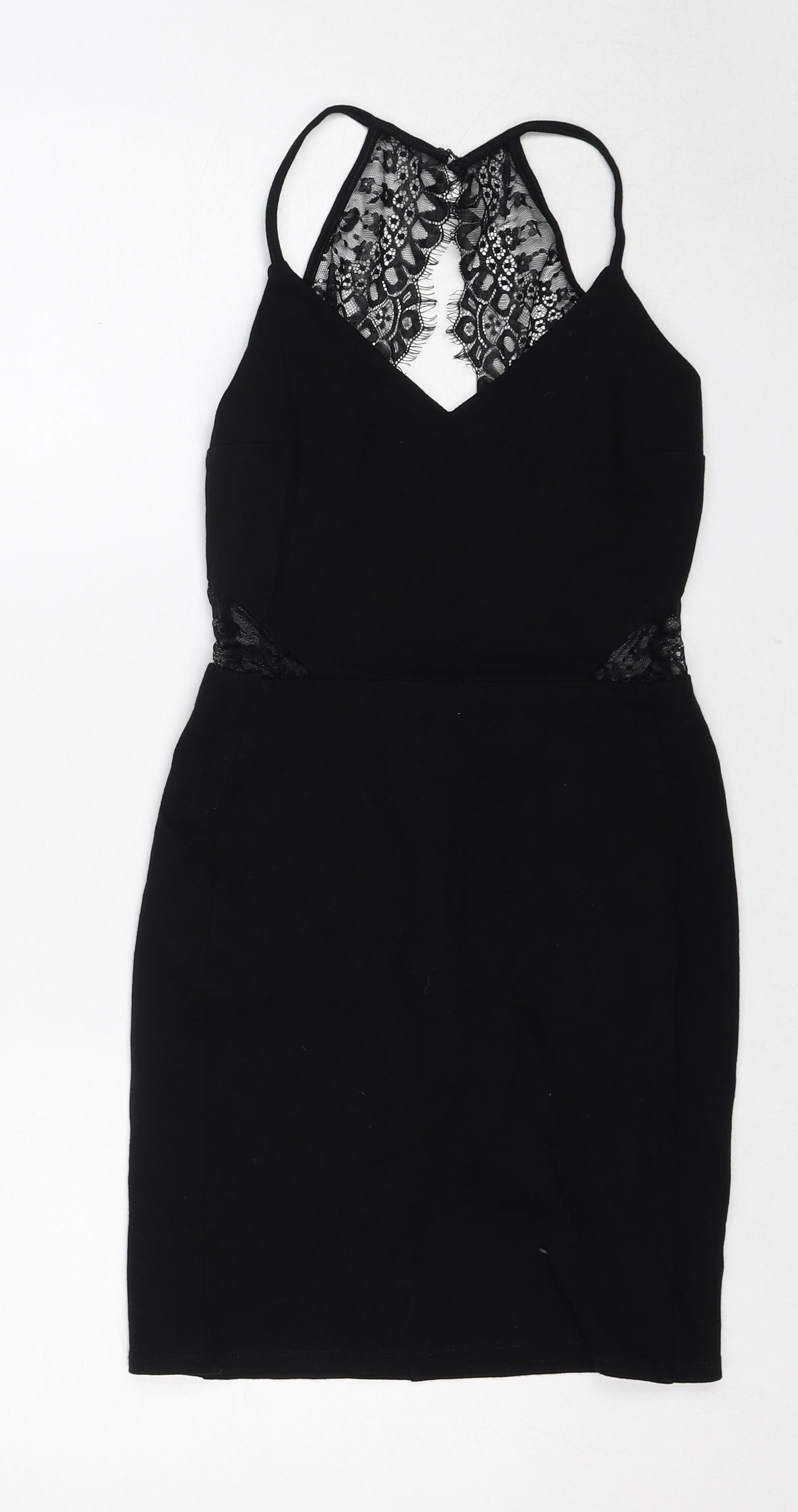 Miss Selfridge Womens Black Viscose Shift Size 8 V-Neck Zip - Lace Details