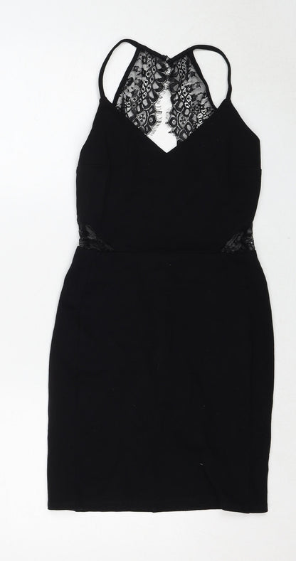 Miss Selfridge Womens Black Viscose Shift Size 8 V-Neck Zip - Lace Details