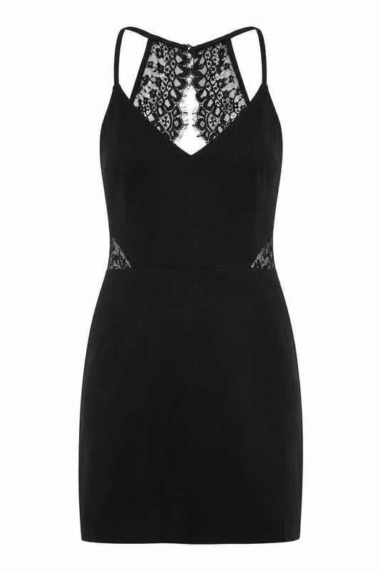 Front view of Miss Selfridge women’s black viscose shift, size UK 8, v-neck zip - lace details
