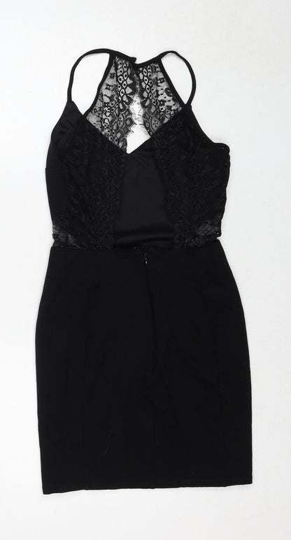 Miss Selfridge Womens Black Viscose Shift Size 8 V-Neck Zip - Lace Details