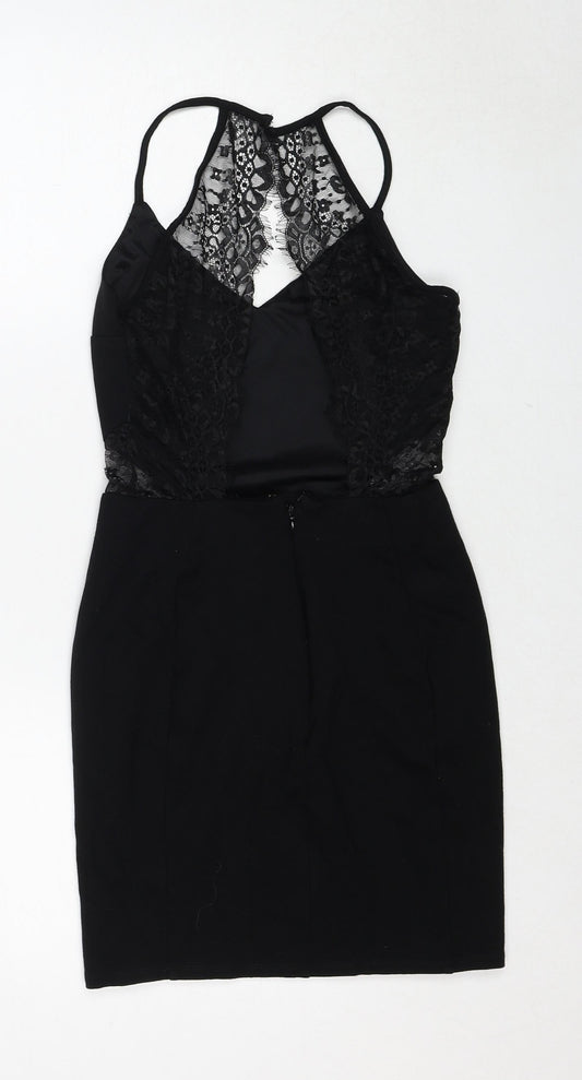 Miss Selfridge Womens Black Viscose Shift Size 8 V-Neck Zip - Lace Details