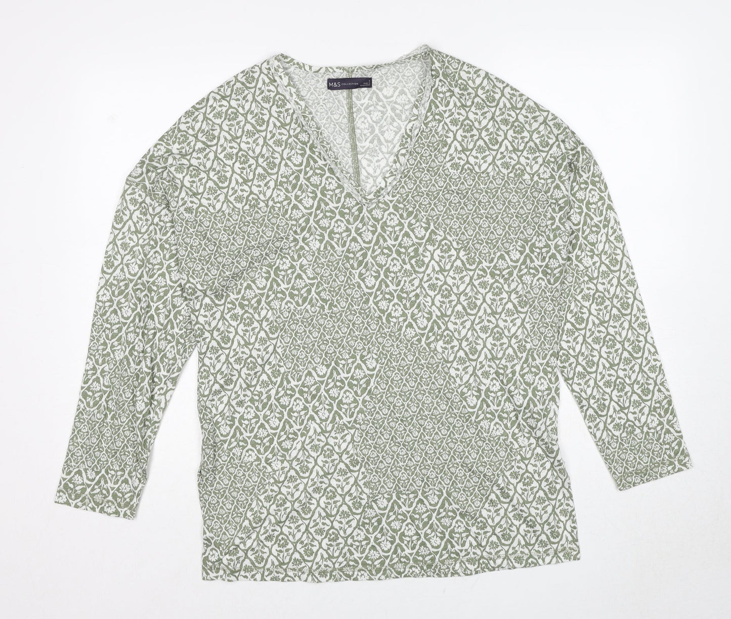Marks and Spencer Womens Green Geometric Linen Basic T-Shirt Size 6 V-Neck