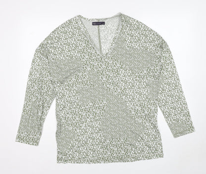 Marks and Spencer Womens Green Geometric Linen Basic T-Shirt Size 6 V-Neck