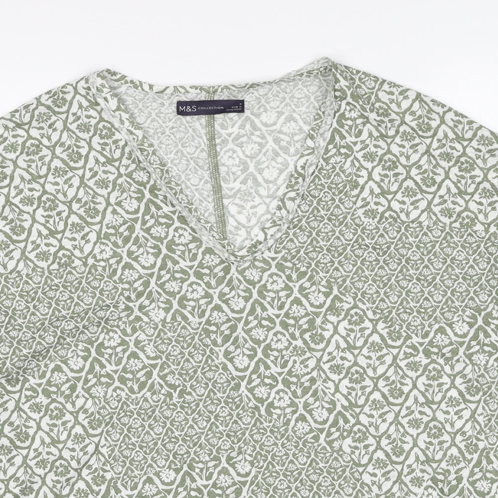 Marks and Spencer Womens Green Geometric Linen Basic T-Shirt Size 6 V-Neck
