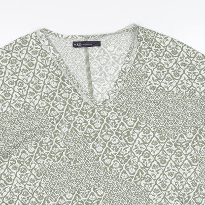 Marks and Spencer Womens Green Geometric Linen Basic T-Shirt Size 6 V-Neck