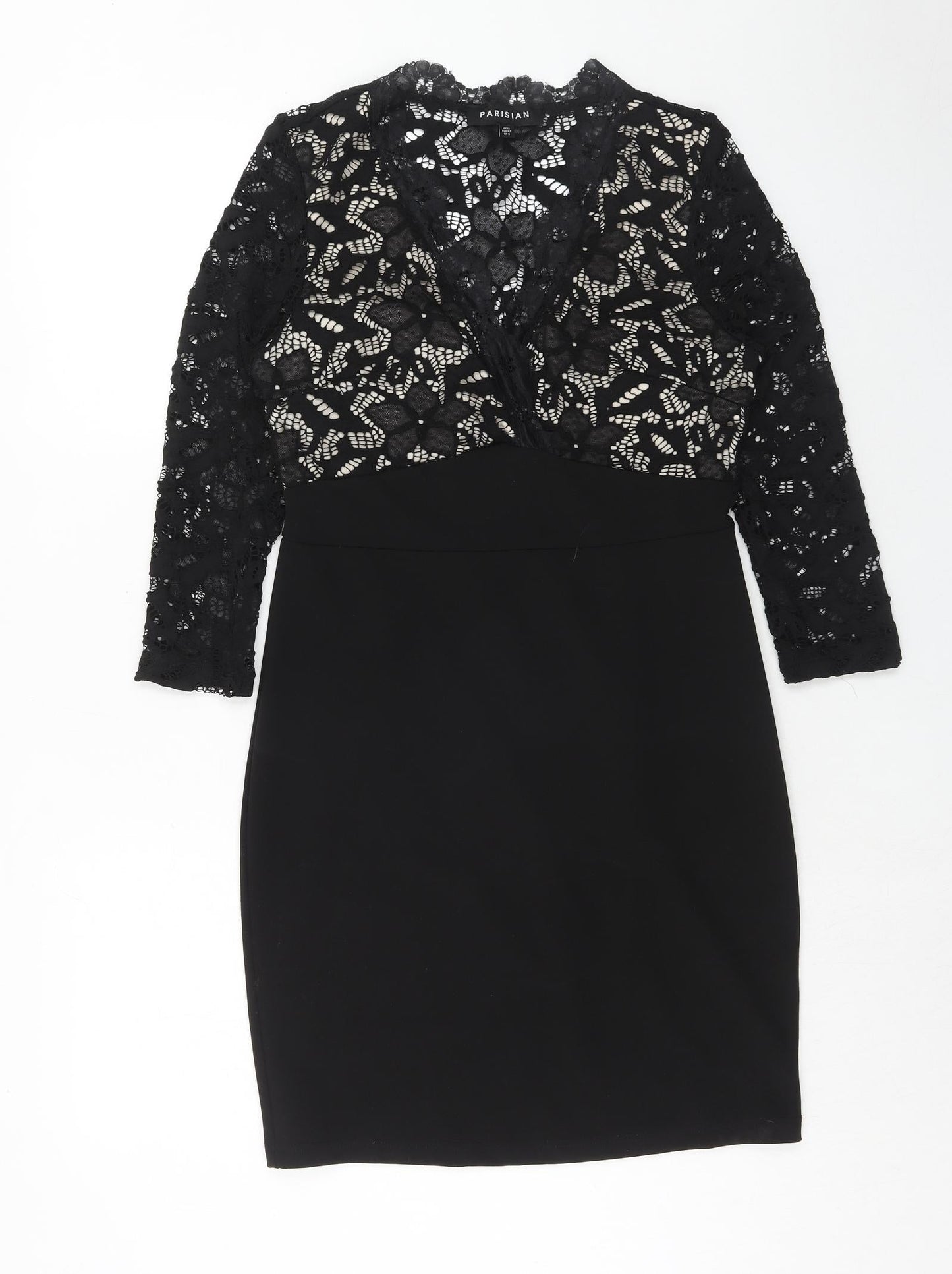 PARISIAN SIGNATURE Womens Black Polyester Pencil Dress Size 12 V-Neck Zip - Crocheted Lace Top