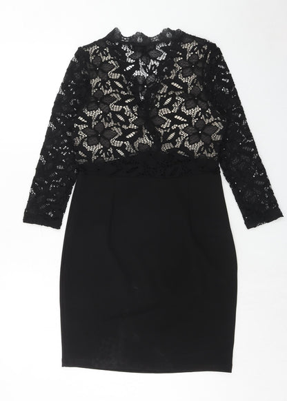 PARISIAN SIGNATURE Womens Black Polyester Pencil Dress Size 12 V-Neck Zip - Crocheted Lace Top