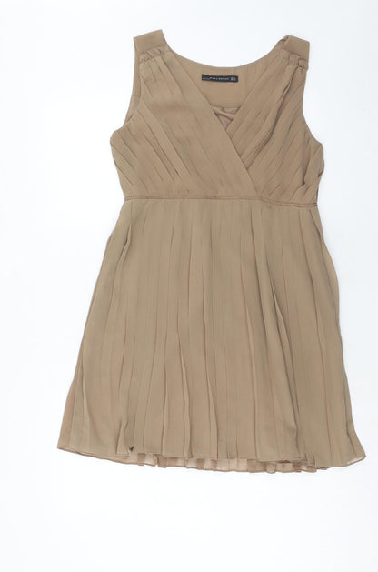 Zara Womens Brown Polyester A-Line Size M V-Neck Zip