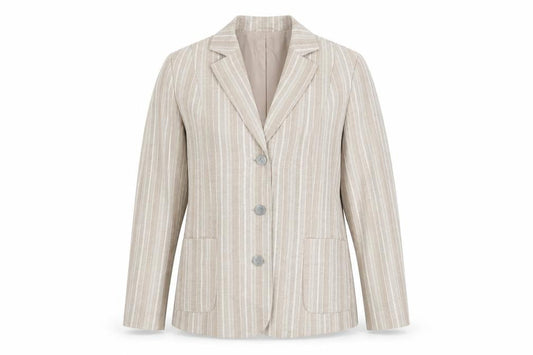 Front view of Oscar B women’s beige striped polyester jacket blazer, size UK 18