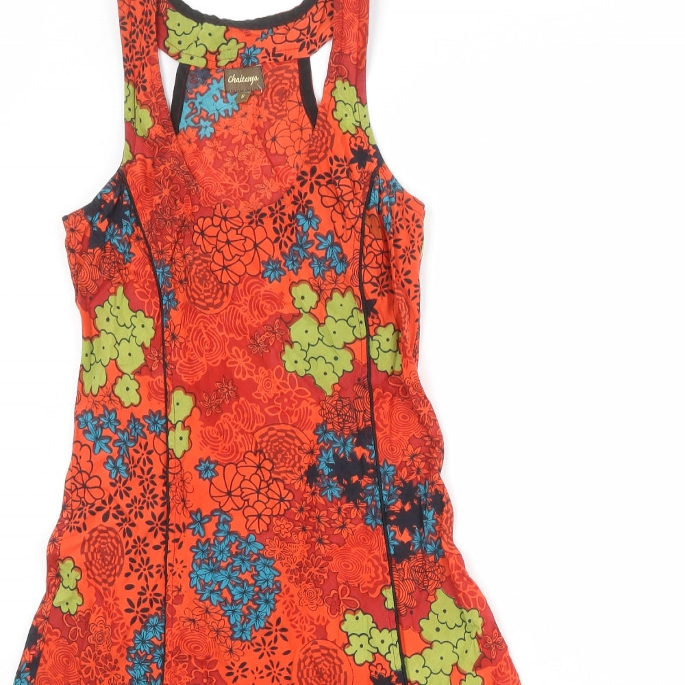 Chaitanya Womens Orange Floral Polyester Tank Dress Size S Scoop Neck Pullover