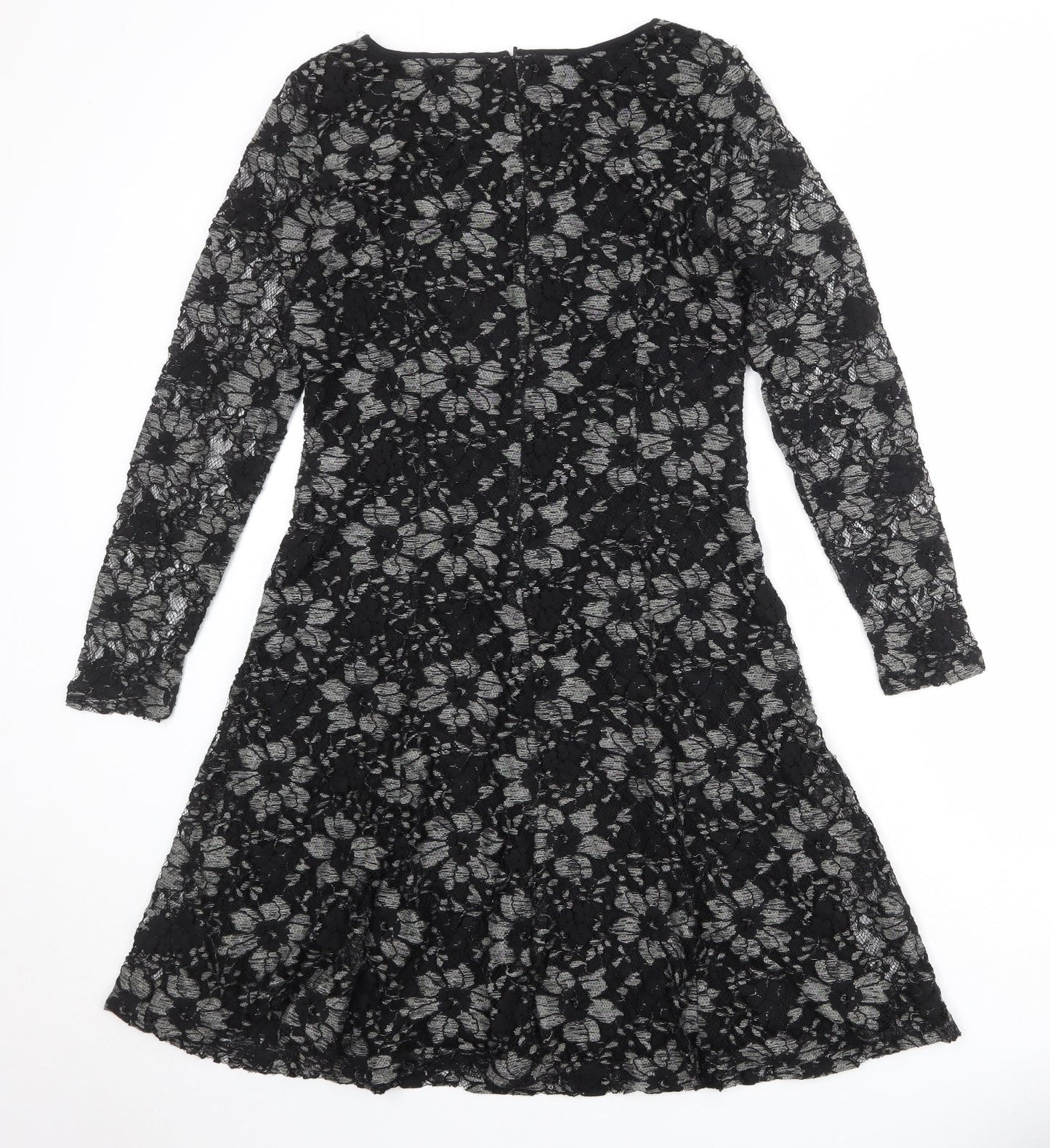 Kaliko Womens Black Floral Polyester A-Line Size 12 Boat Neck Zip