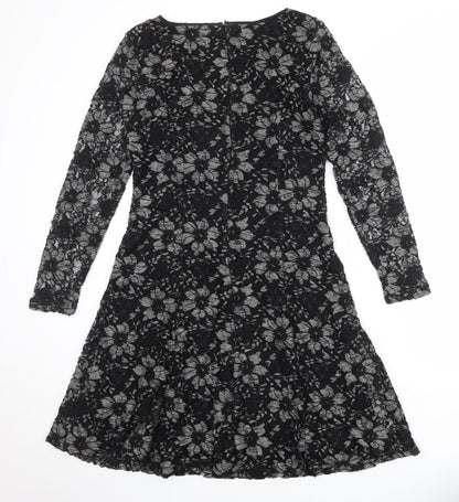Kaliko Womens Black Floral Polyester A-Line Size 12 Boat Neck Zip