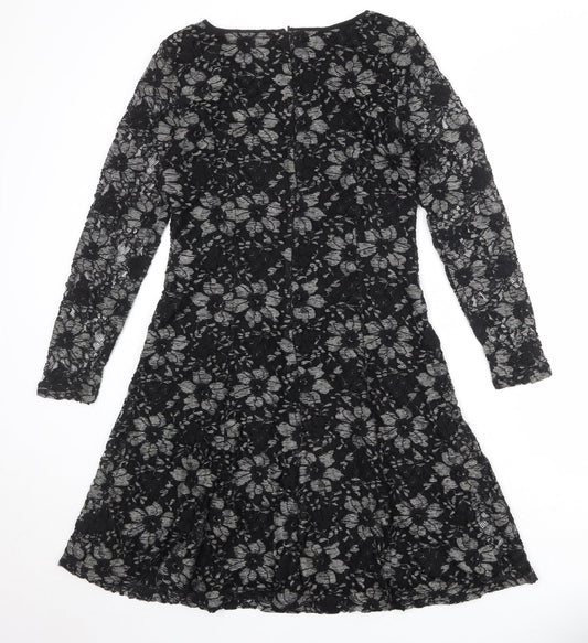 Kaliko Womens Black Floral Polyester A-Line Size 12 Boat Neck Zip