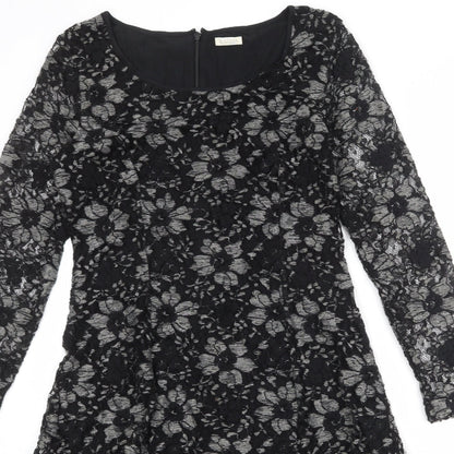 Kaliko Womens Black Floral Polyester A-Line Size 12 Boat Neck Zip
