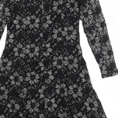 Kaliko Womens Black Floral Polyester A-Line Size 12 Boat Neck Zip