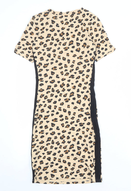 Divided by H&M Womens Beige Animal Print Cotton T-Shirt Dress Size 6 Boat Neck Pullover - Leopard Print