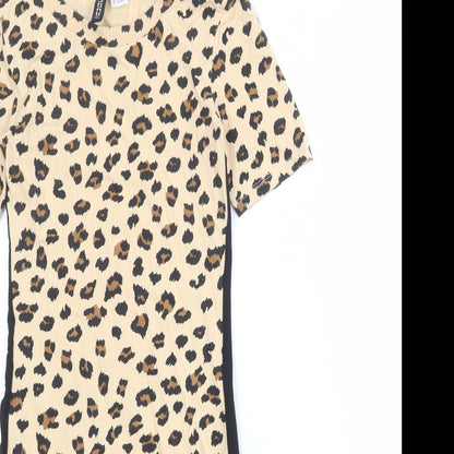 Divided by H&M Womens Beige Animal Print Cotton T-Shirt Dress Size 6 Boat Neck Pullover - Leopard Print