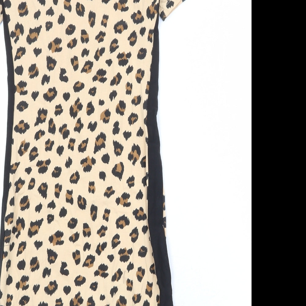 Divided by H&M Womens Beige Animal Print Cotton T-Shirt Dress Size 6 Boat Neck Pullover - Leopard Print