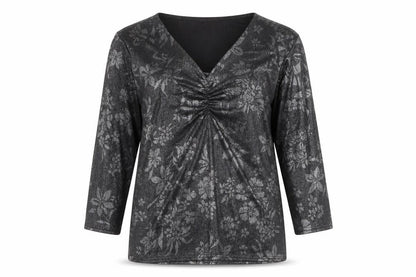 After Dark Womens Black Geometric Polyester Basic Blouse Size 14 V-Neck
