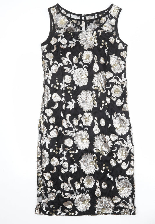 Klass Womens Black Floral Polyester Tank Dress Size 10 Boat Neck Zip