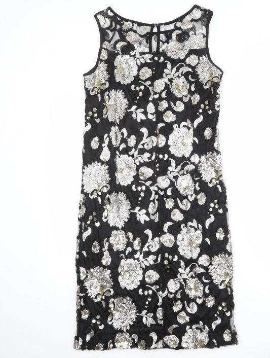 Klass Womens Black Floral Polyester Tank Dress Size 10 Boat Neck Zip