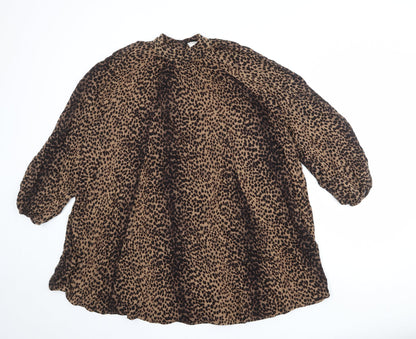 H&M Womens Brown Animal Print Viscose Trapeze & Swing Size 12 Mock Neck Button