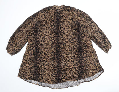 H&M Womens Brown Animal Print Viscose Trapeze & Swing Size 12 Mock Neck Button