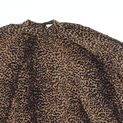 H&M Womens Brown Animal Print Viscose Trapeze & Swing Size 12 Mock Neck Button