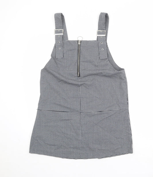 Mango Womens Black Check Polyester Pinafore/Dungaree Dress Size M Square Neck Zip