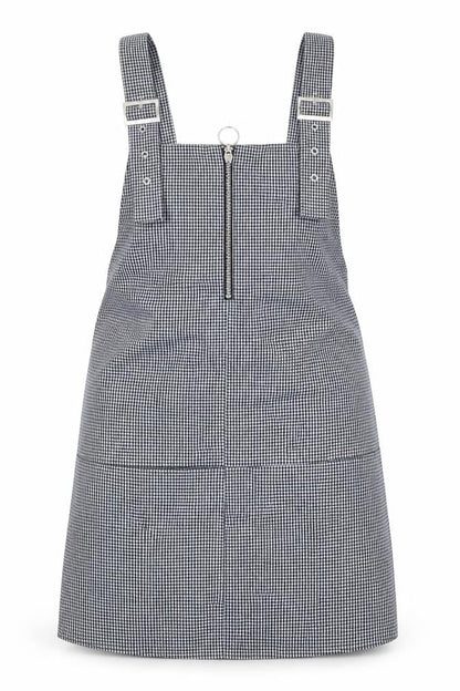 Mango Womens Black Check Polyester Pinafore/Dungaree Dress Size M Square Neck Zip
