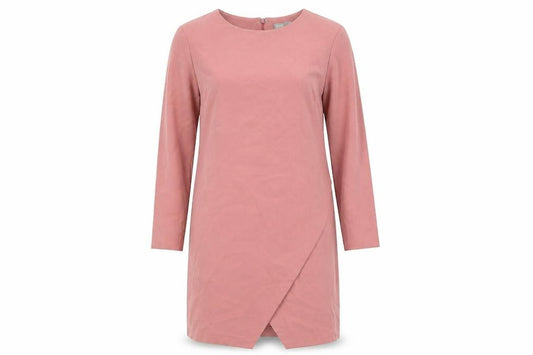 Front view of ASOS women’s pink polyester sheath, size UK 12, boat neck zip - wrap front detail